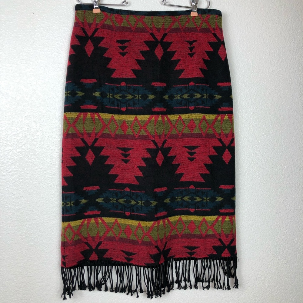 Vintage Faux Wool Southwestern Fringe Midi Skirt